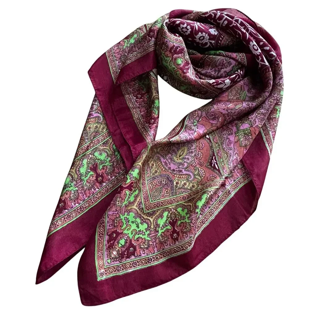 Sheer India Silk Scarf Boho square burgundy red & green paisley ornate elegant